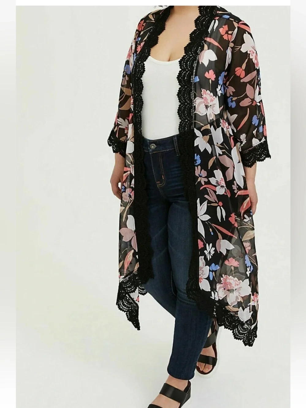 Torrid Floral Lace-Trim Sheer Kimono Duster - Black Floral sz 1X - Picture 16 of 16